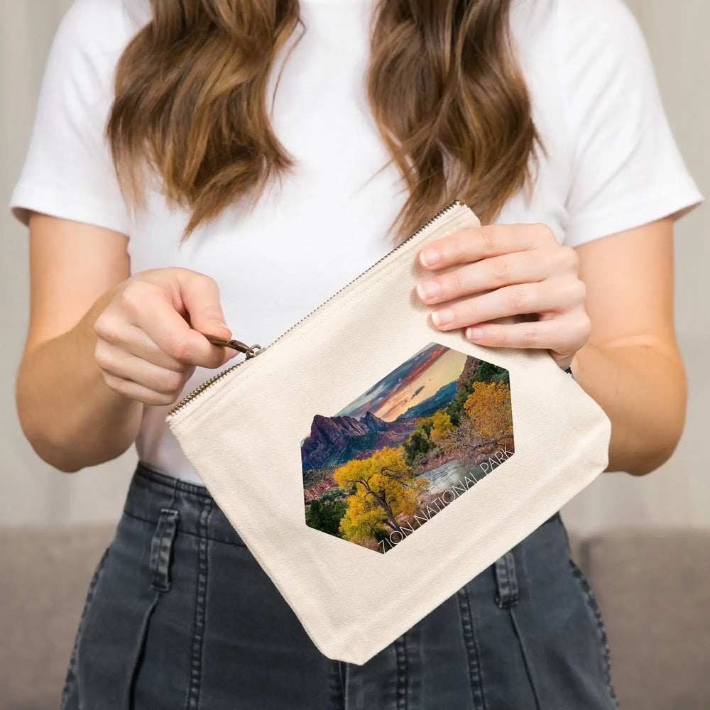 Zion National Park, Utah, Watchman and the Virgin River,, Organic Cotton Zipper Pouch, Go Bag Go Bag Lantern Press 
