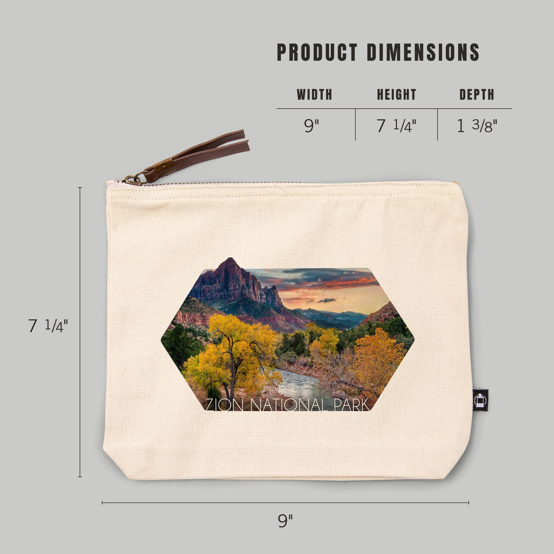 Zion National Park, Utah, Watchman and the Virgin River,, Organic Cotton Zipper Pouch, Go Bag Go Bag Lantern Press 
