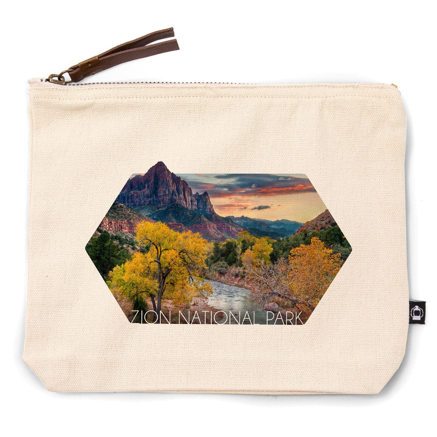 Zion National Park, Utah, Watchman and the Virgin River,, Organic Cotton Zipper Pouch, Go Bag Go Bag Lantern Press 