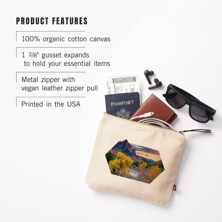 Zion National Park, Utah, Watchman and the Virgin River,, Organic Cotton Zipper Pouch, Go Bag Go Bag Lantern Press 