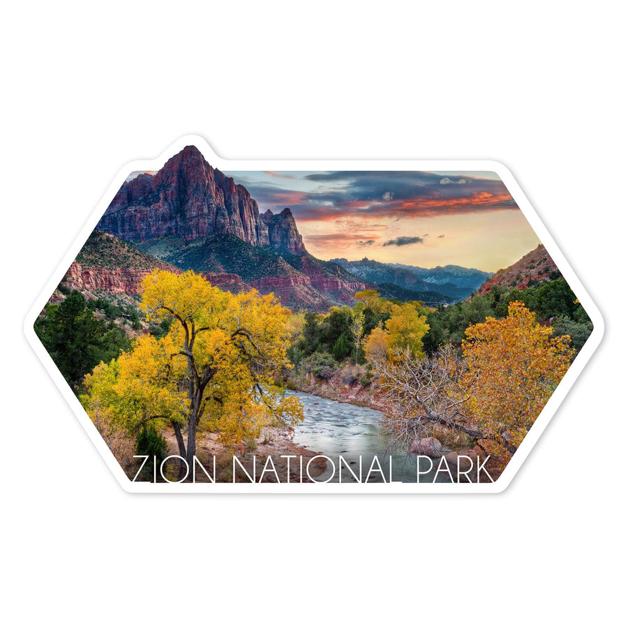 Zion National Park, Utah, Watchman & the Virgin River, Contour, Lantern Press Photography, Vinyl Sticker Sticker Lantern Press 