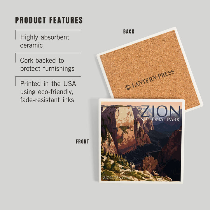 Zion National Park, Utah, Zion Canyon Sunset, Coasters Coasters Lantern Press 