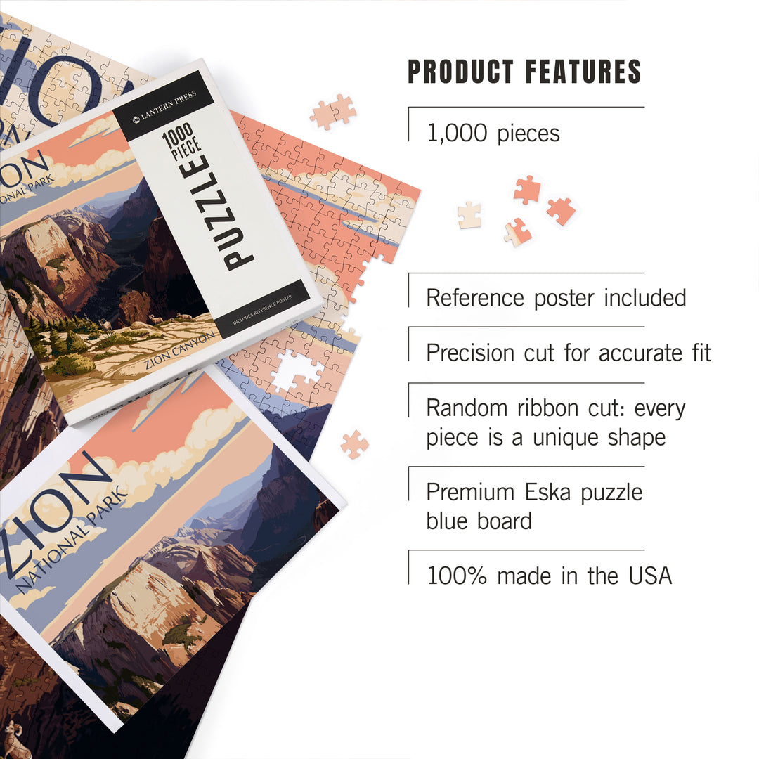 Zion National Park, Utah, Zion Canyon Sunset, Jigsaw Puzzle Puzzle Lantern Press 