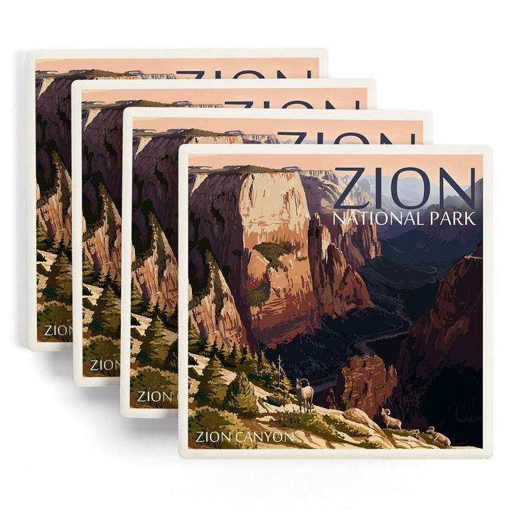 Zion National Park, Utah, Zion Canyon Sunset, Lantern Press Artwork, Coaster Set Coasters Lantern Press 