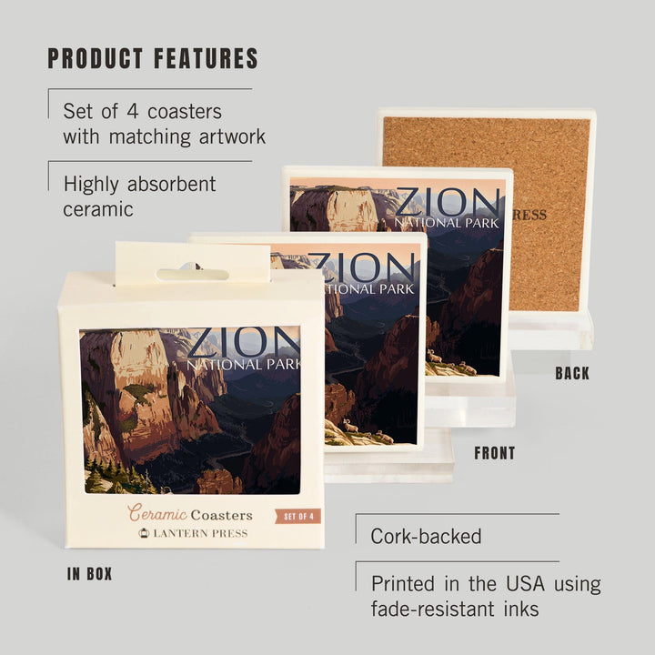 Zion National Park, Utah, Zion Canyon Sunset, Lantern Press Artwork, Coaster Set Coasters Lantern Press 