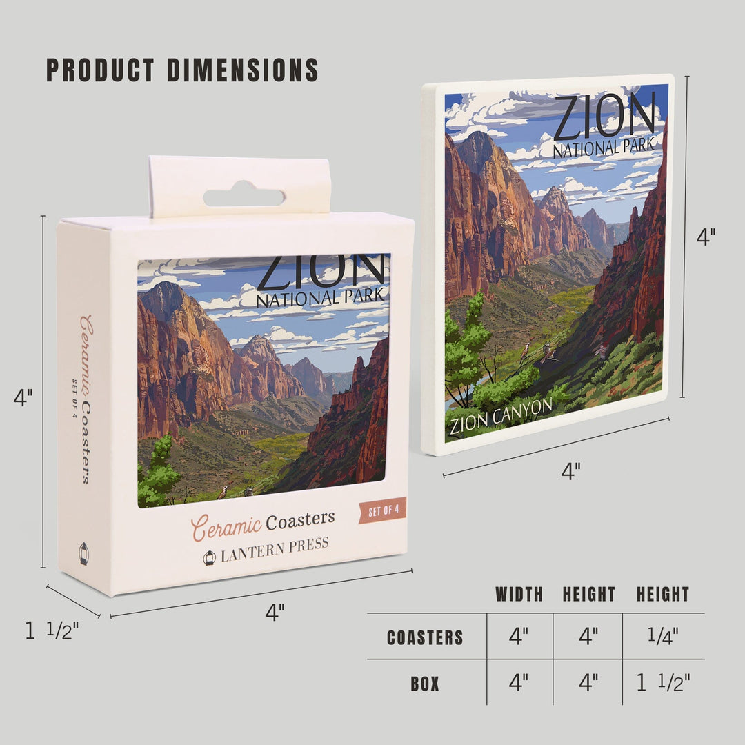 Zion National Park, Utah, Zion Canyon View, Lantern Press Artwork, Coaster Set Coasters Lantern Press 