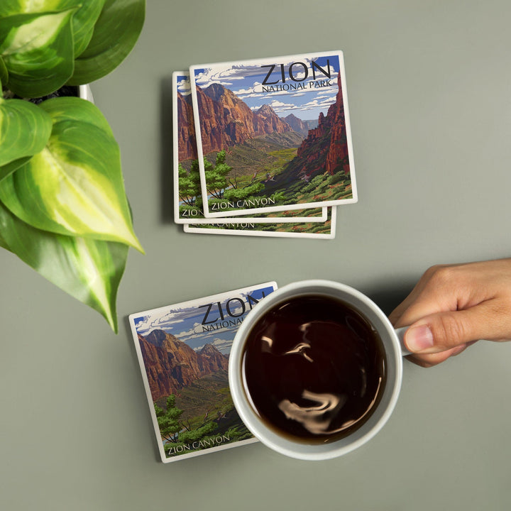 Zion National Park, Utah, Zion Canyon View, Lantern Press Artwork, Coaster Set Coasters Lantern Press 