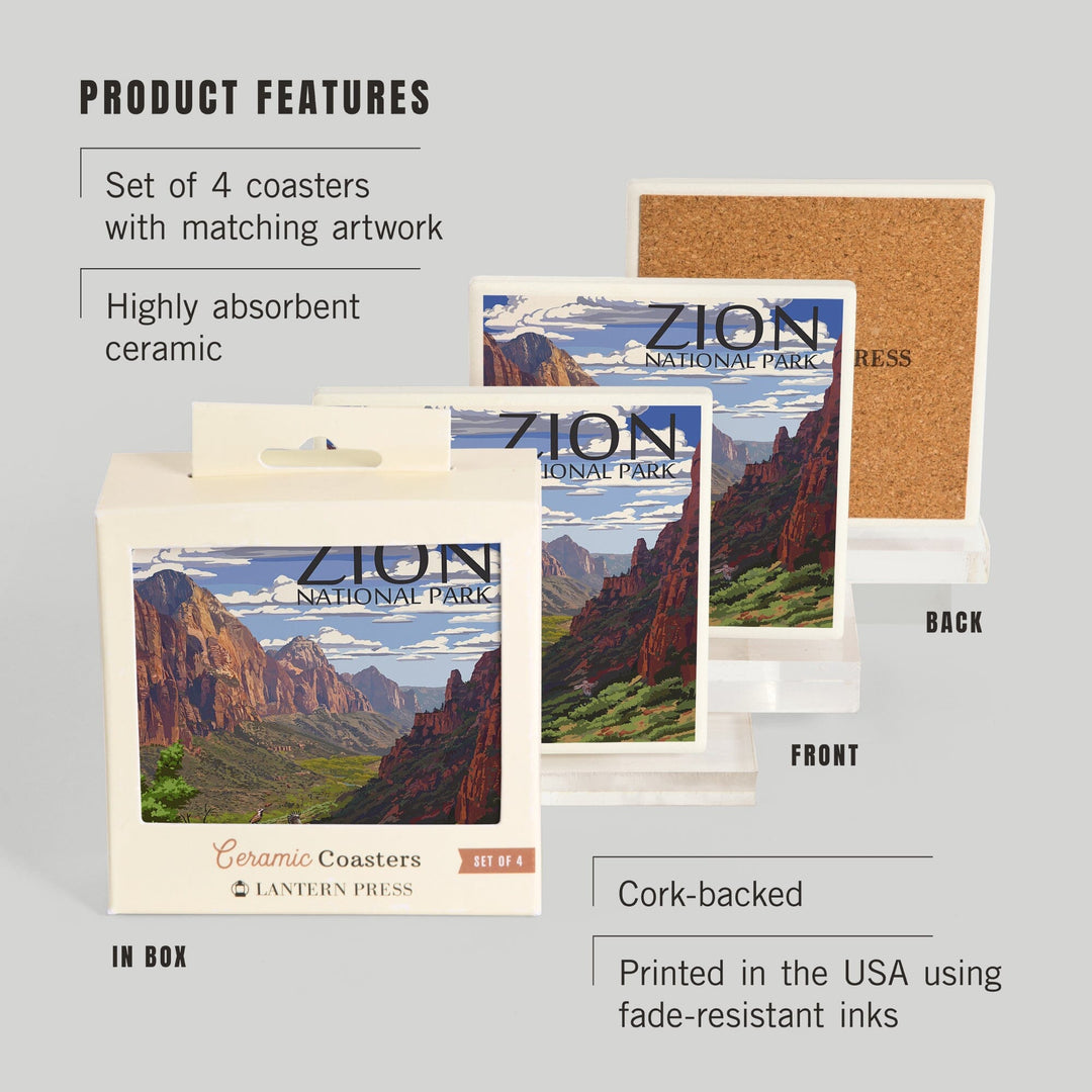 Zion National Park, Utah, Zion Canyon View, Lantern Press Artwork, Coaster Set Coasters Lantern Press 