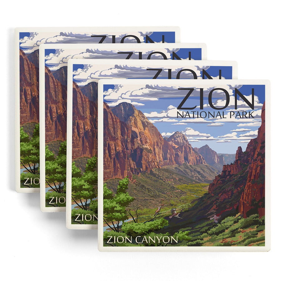 Zion National Park, Utah, Zion Canyon View, Lantern Press Artwork, Coaster Set Coasters Lantern Press 