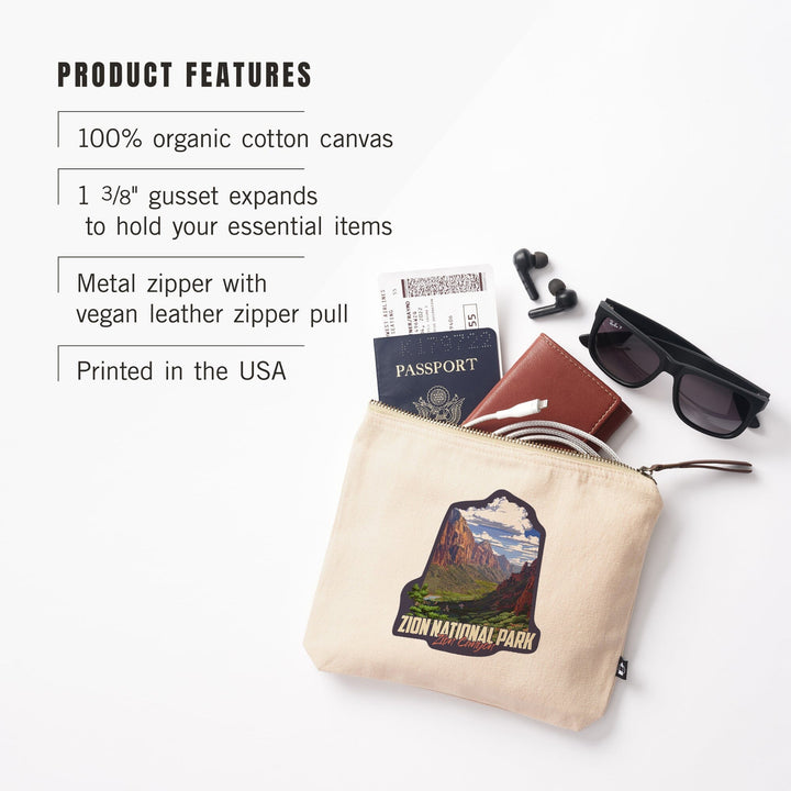 Zion National Park, Utah, Zion Canyon View,, Organic Cotton Zipper Pouch, Go Bag Go Bag Lantern Press 