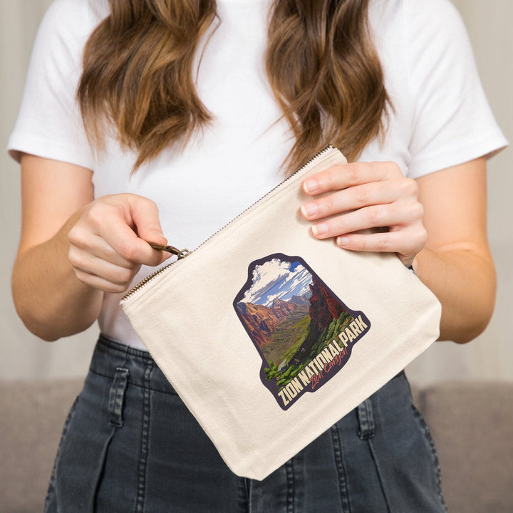 Zion National Park, Utah, Zion Canyon View,, Organic Cotton Zipper Pouch, Go Bag Go Bag Lantern Press 