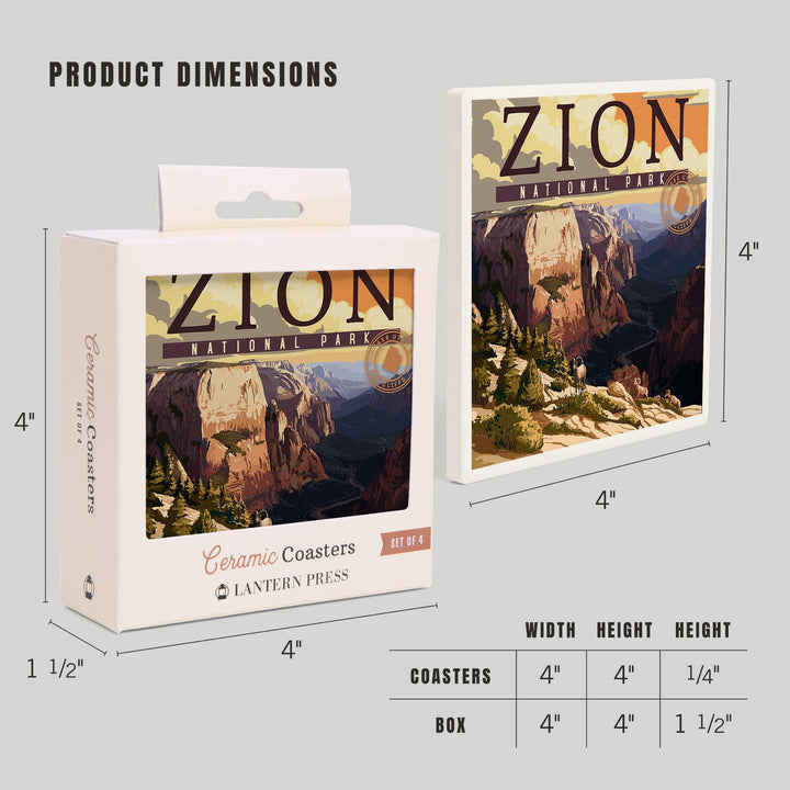 Zion National Park, Zion Canyon Sunset, Typography, Coasters Coasters Lantern Press 