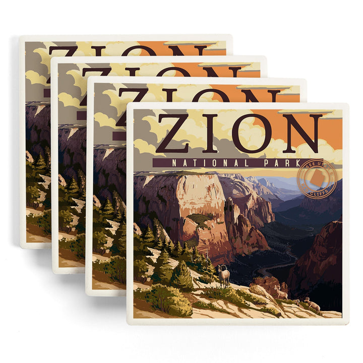 Zion National Park, Zion Canyon Sunset, Typography, Coasters Coasters Lantern Press 