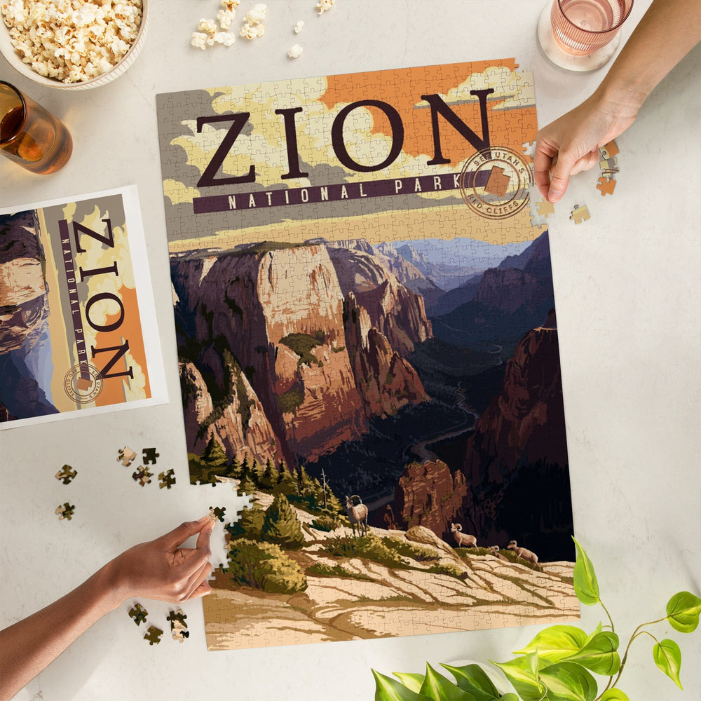 Zion National Park, Zion Canyon Sunset, Typography, Jigsaw Puzzle Puzzle Lantern Press 