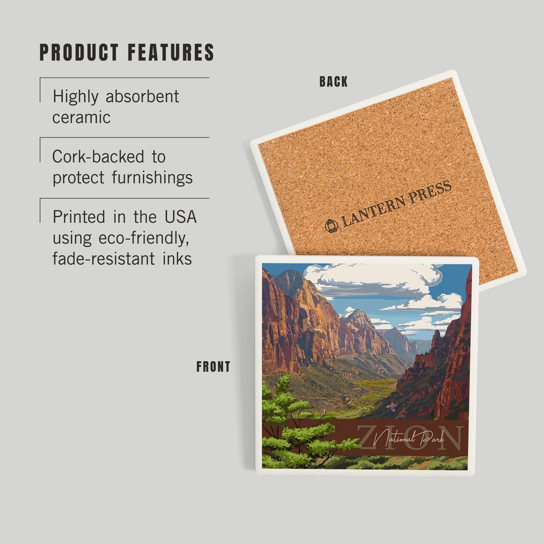 Zion National Park, Zion Canyon View, Typography, Coasters Coasters Lantern Press 