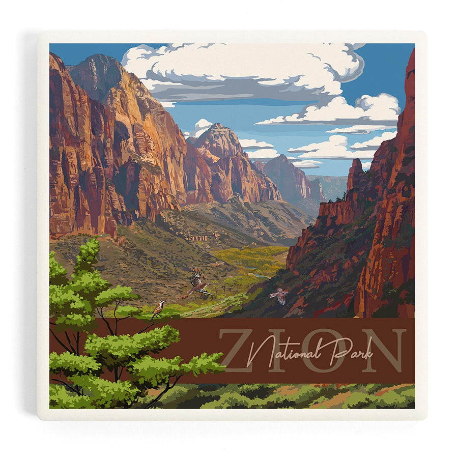 Zion National Park, Zion Canyon View, Typography, Coasters Coasters Lantern Press 