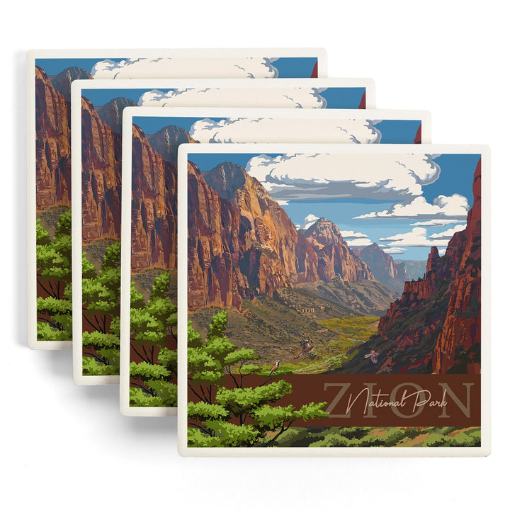 Zion National Park, Zion Canyon View, Typography, Coasters Coasters Lantern Press 