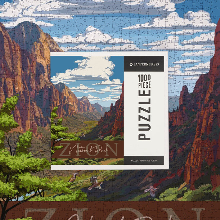 Zion National Park, Zion Canyon View, Typography, Jigsaw Puzzle Puzzle Lantern Press 