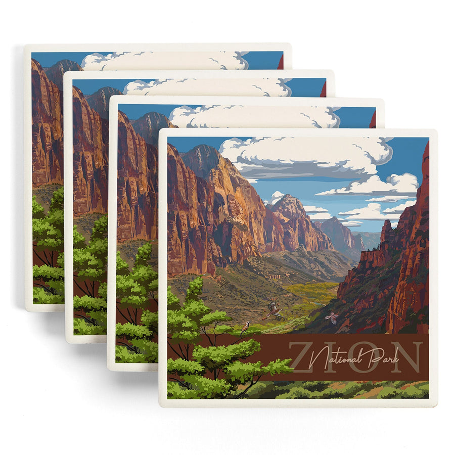 Zion National Park, Zion Canyon View, Typography, Lantern Press Artwork, Coaster Set Coasters Lantern Press 