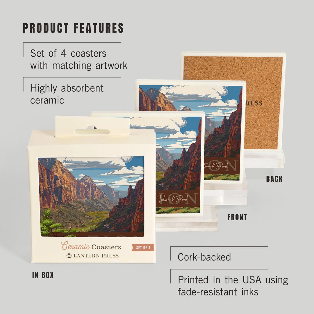 Zion National Park, Zion Canyon View, Typography, Lantern Press Artwork, Coaster Set Coasters Lantern Press 