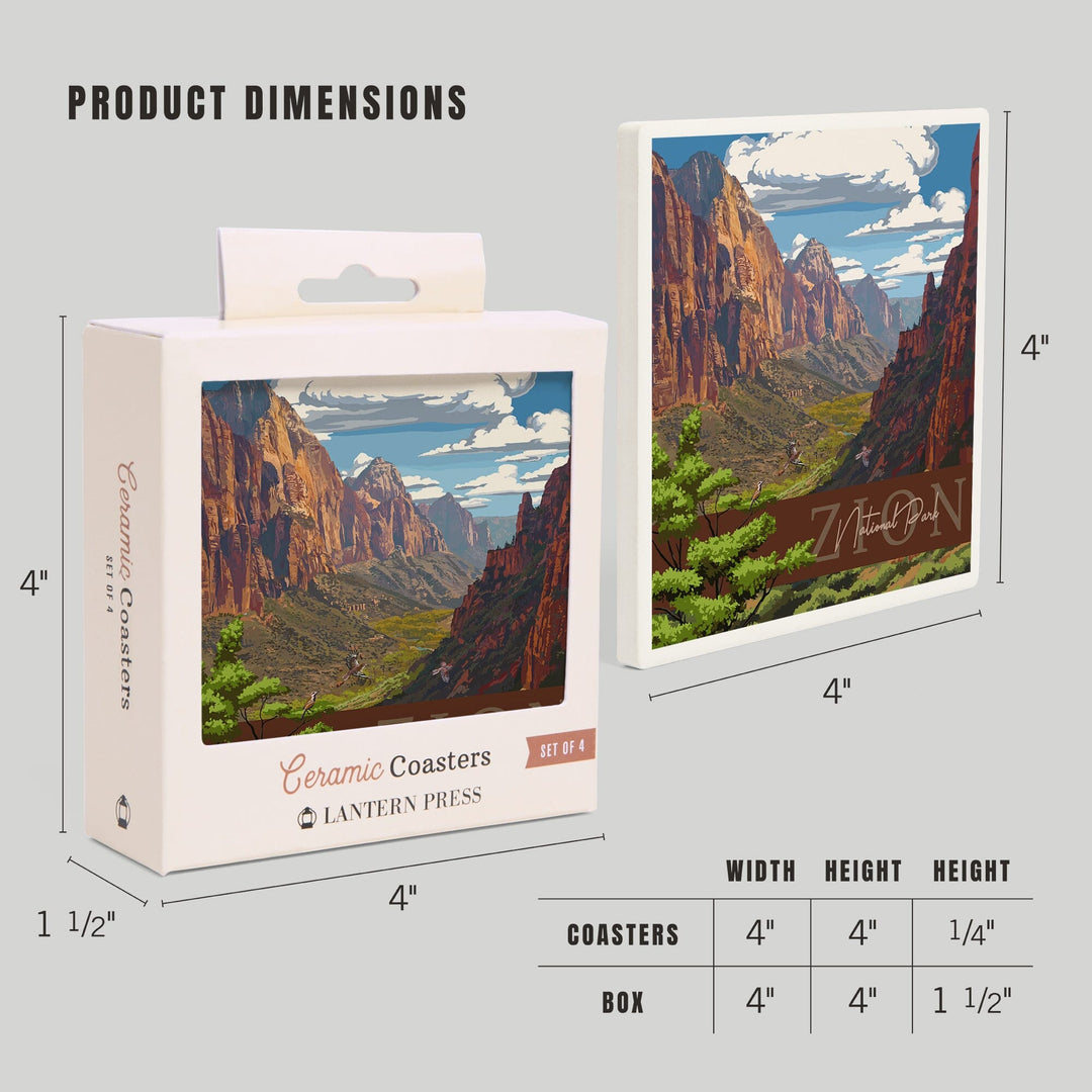 Zion National Park, Zion Canyon View, Typography, Lantern Press Artwork, Coaster Set Coasters Lantern Press 