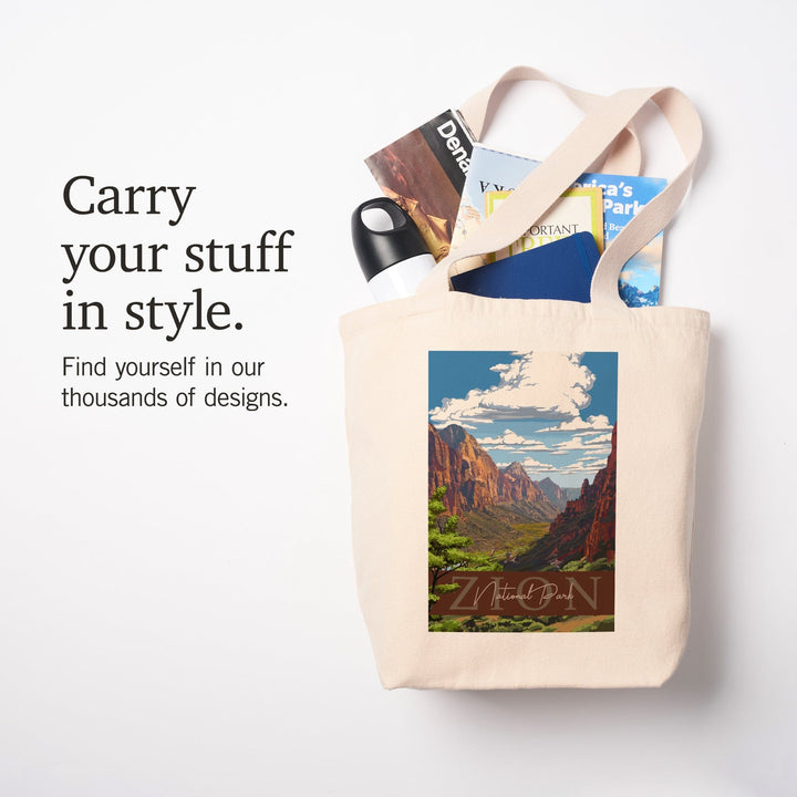 Zion National Park, Zion Canyon View, Typography, Lantern Press Artwork, Tote Bag Totes Lantern Press 