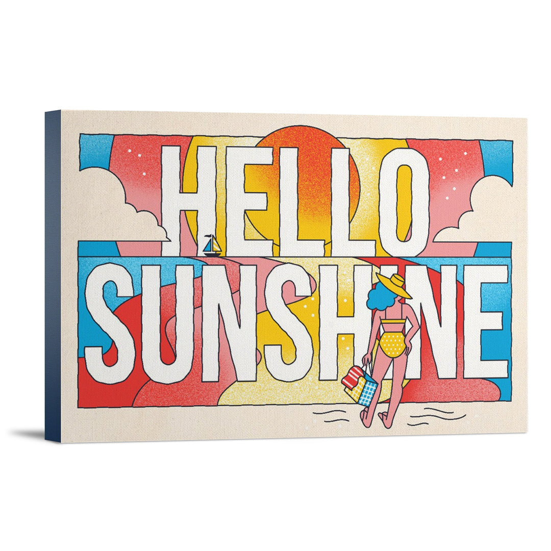 70s Sunshine Collection, Hello Sunshine, Girl on Beach, Stretched Canvas Canvas Lantern Press 12x18 Stretched Canvas 