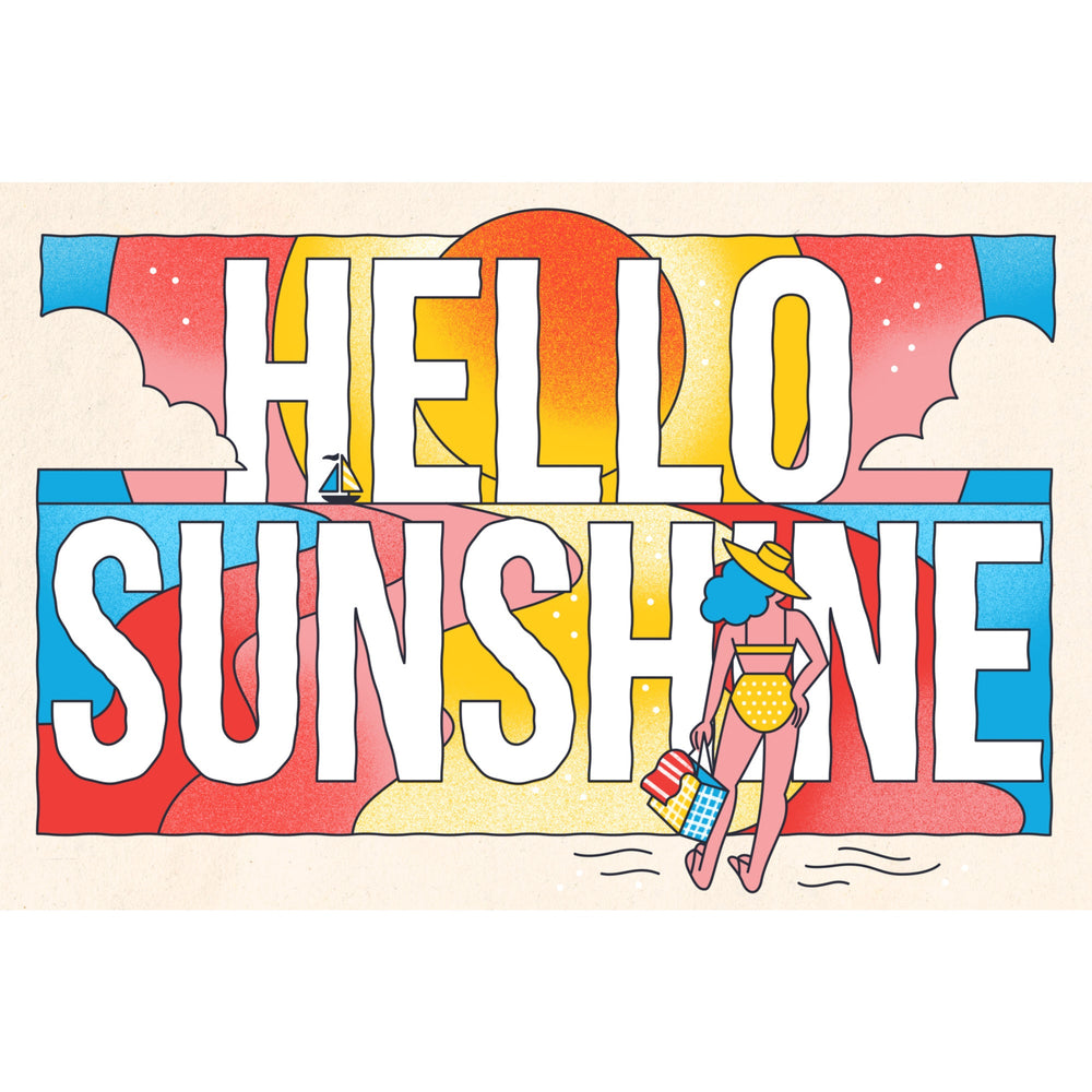 70s Sunshine Collection, Hello Sunshine, Girl on Beach, Stretched Canvas Canvas Lantern Press 