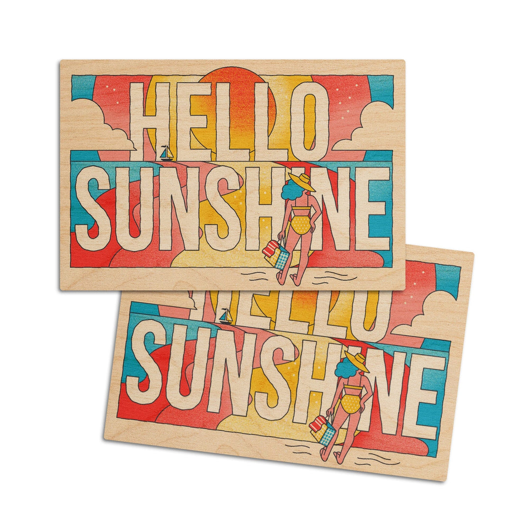 70s Sunshine Collection, Hello Sunshine, Girl on Beach, Wood Signs and Postcards Wood Lantern Press 4x6 Wood Postcard Set 