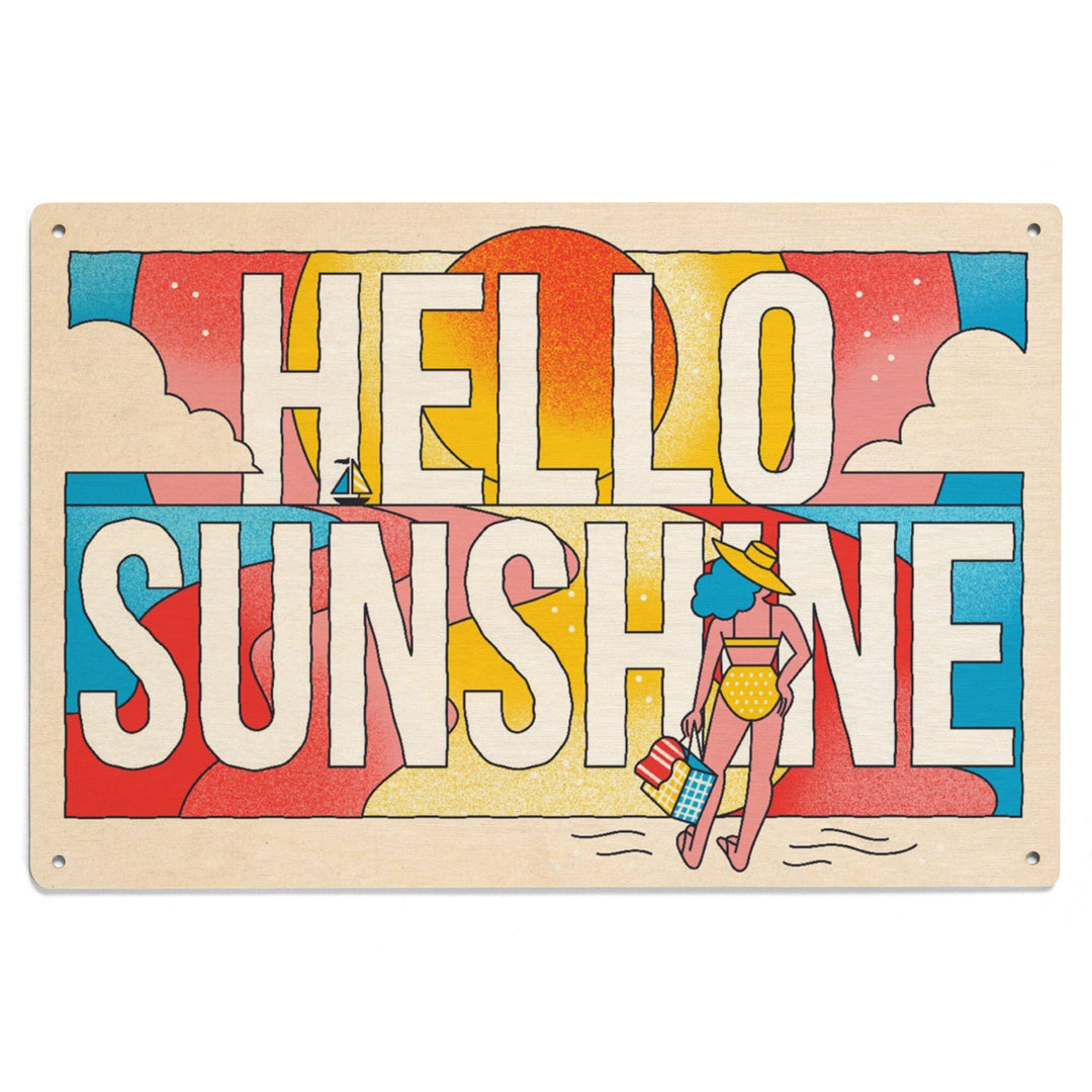 70s Sunshine Collection, Hello Sunshine, Girl on Beach, Wood Signs and Postcards Wood Lantern Press 