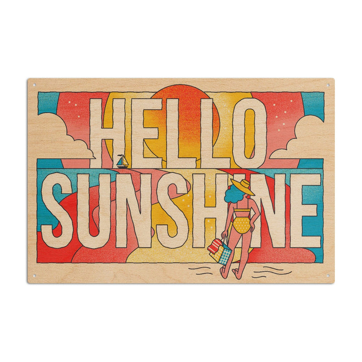 70s Sunshine Collection, Hello Sunshine, Girl on Beach, Wood Signs and Postcards Wood Lantern Press 6x9 Wood Sign 