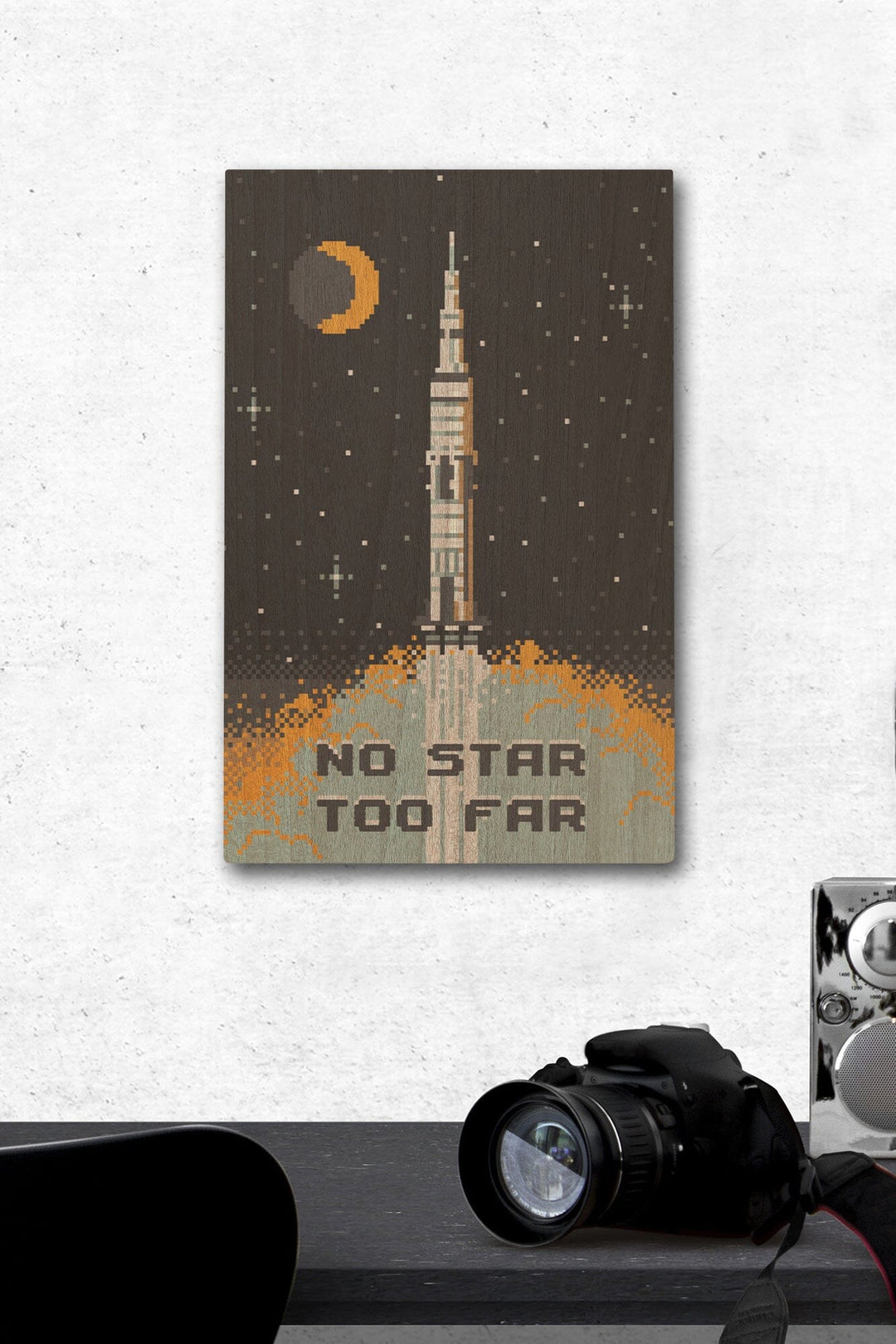 8-Bit Space Collection, Rocket, No Star Too Far, Wood Signs and Postcards Wood Lantern Press 12 x 18 Wood Gallery Print 