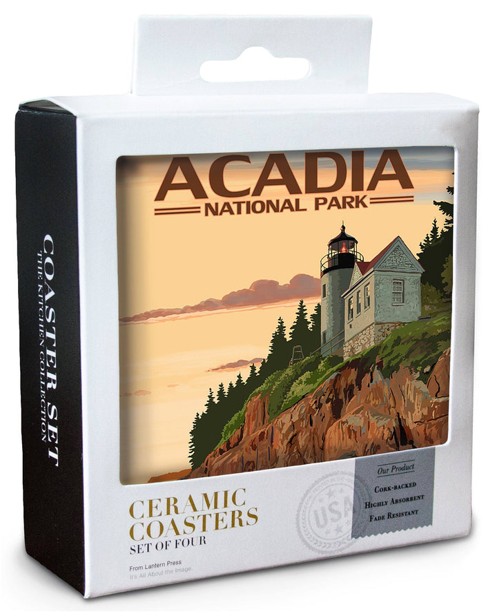 Acadia National Park, Maine, Bass Harbor Lighthouse, Lantern Press Artwork, Coaster Set Coasters Lantern Press 