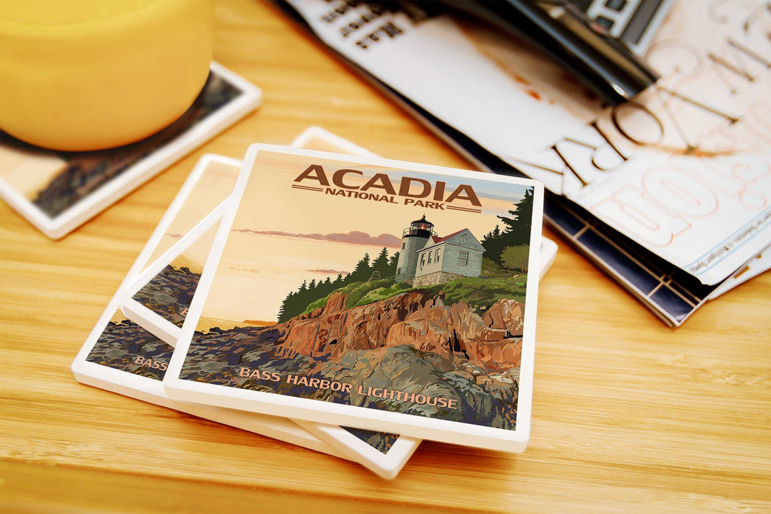 Acadia National Park, Maine, Bass Harbor Lighthouse, Lantern Press Artwork, Coaster Set Coasters Lantern Press 