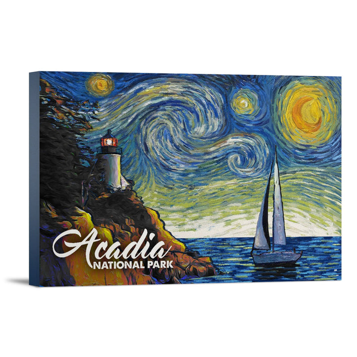 Acadia National Park, Maine, Bass Harbor Lighthouse, Starry Night National Park Series, Lantern Press Artwork, Stretched Canvas Canvas Lantern Press 12x18 Stretched Canvas 