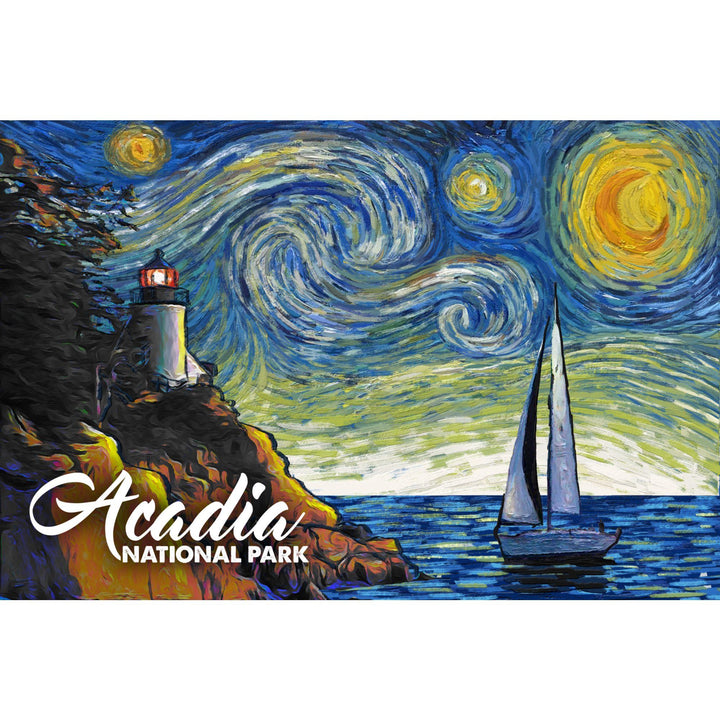 Acadia National Park, Maine, Bass Harbor Lighthouse, Starry Night National Park Series, Lantern Press Artwork, Towels and Aprons Kitchen Lantern Press 