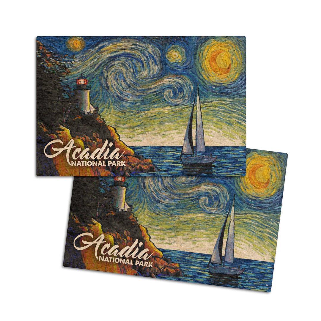 Acadia National Park, Maine, Bass Harbor Lighthouse, Starry Night National Park Series, Lantern Press Artwork, Wood Signs and Postcards Wood Lantern Press 4x6 Wood Postcard Set 