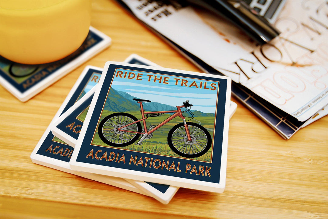 Acadia National Park, Maine, Bicycle Scene, Lantern Press Artwork, Coaster Set Coasters Lantern Press 