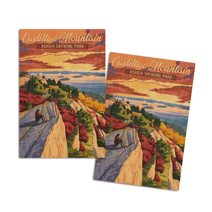 Acadia National Park, Maine, Cadillac Mountain Illustration, Lantern Press Artwork, Wood Signs and Postcards Wood Lantern Press 4x6 Wood Postcard Set 