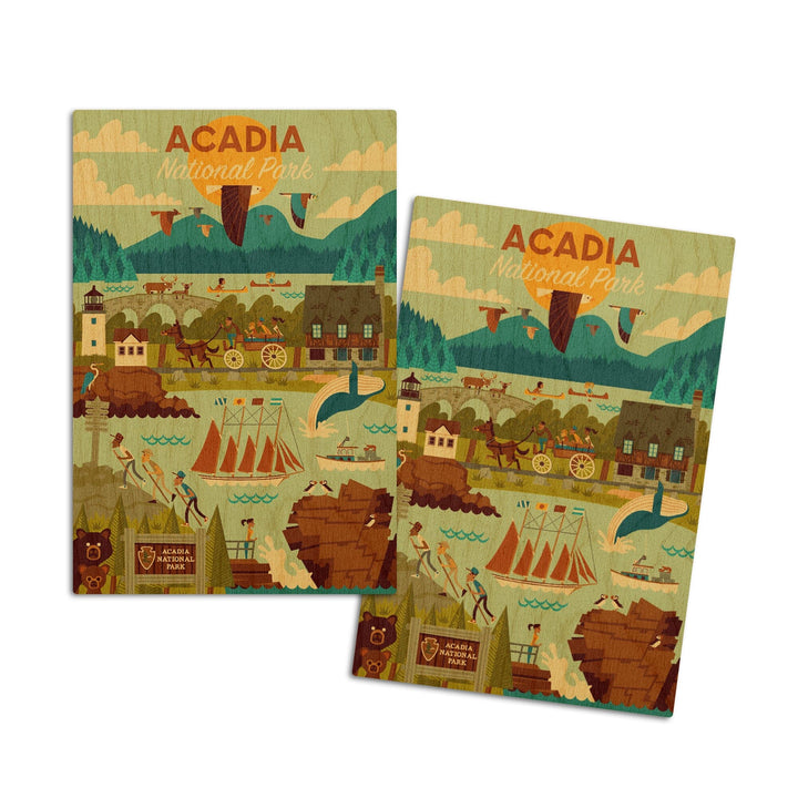 Acadia National Park, Maine, Geometric National Park Series, Lantern Press Artwork, Wood Signs and Postcards Wood Lantern Press 4x6 Wood Postcard Set 