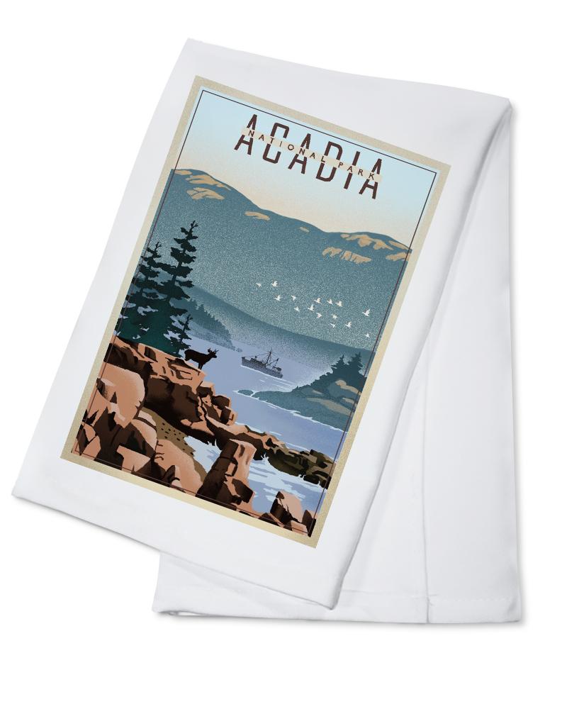Acadia National Park, Maine, Lithograph, Lantern Press Artwork, Towels and Aprons Kitchen Lantern Press Cotton Towel 