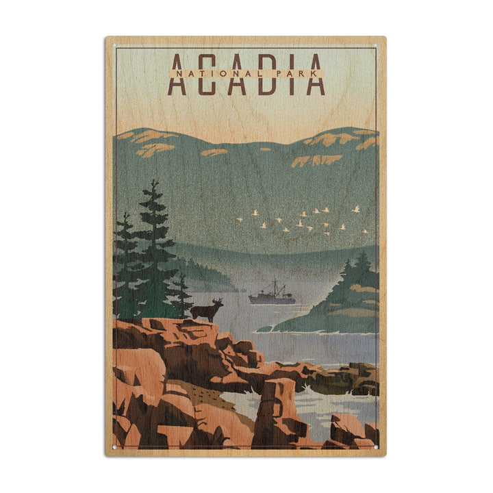Acadia National Park, Maine, Lithograph, Lantern Press Artwork, Wood Signs and Postcards Wood Lantern Press 10 x 15 Wood Sign 