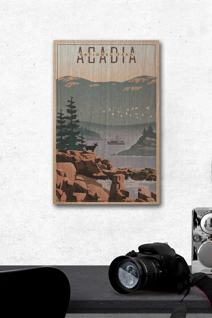 Acadia National Park, Maine, Lithograph, Lantern Press Artwork, Wood Signs and Postcards Wood Lantern Press 12 x 18 Wood Gallery Print 