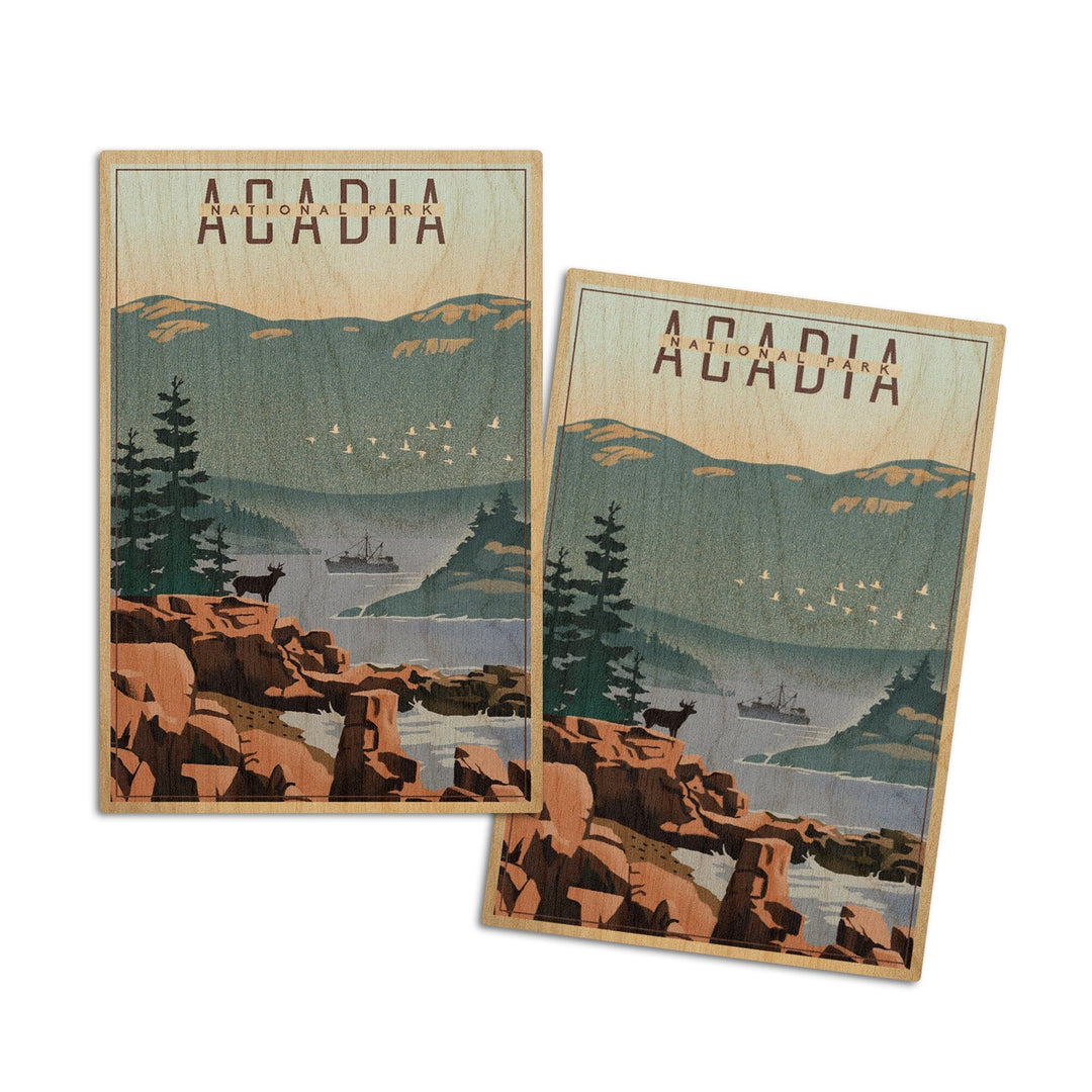 Acadia National Park, Maine, Lithograph, Lantern Press Artwork, Wood Signs and Postcards Wood Lantern Press 4x6 Wood Postcard Set 