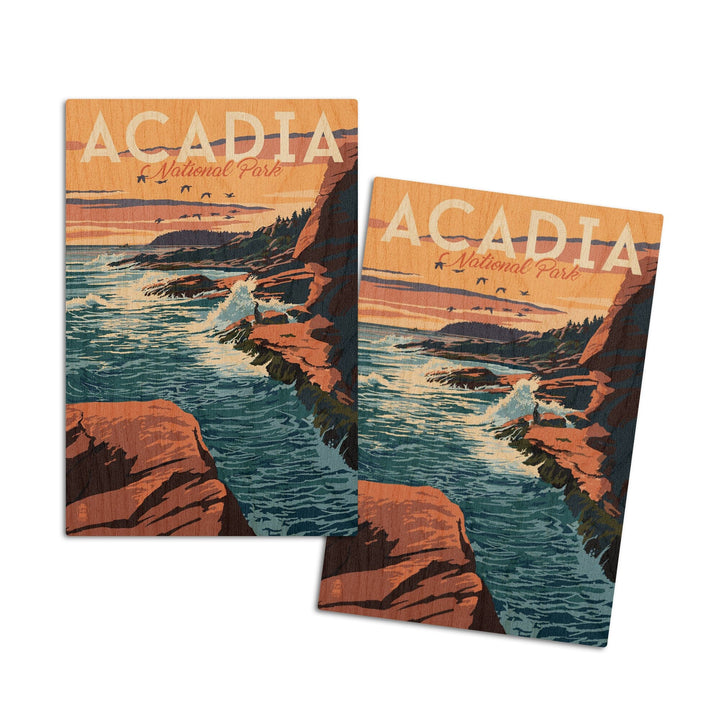 Acadia National Park, Maine, Mount Desert Island Illustration, Lantern Press Artwork, Wood Signs and Postcards Wood Lantern Press 4x6 Wood Postcard Set 