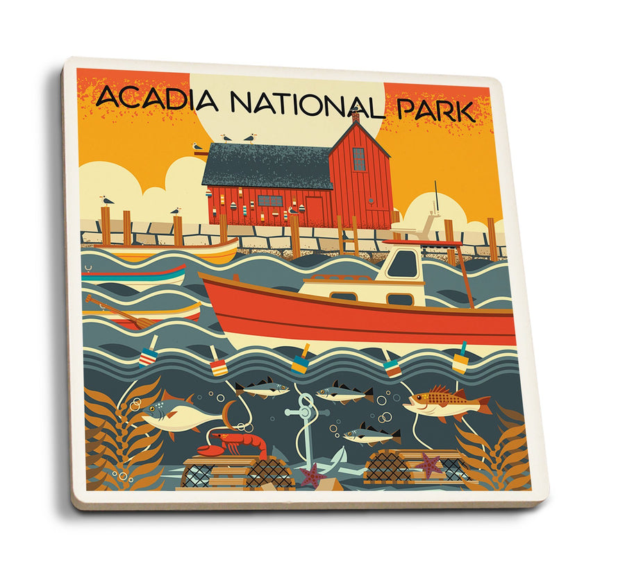 Acadia National Park, Maine, Nautical Geometric, Lantern Press Artwork, Coaster Set Coasters Lantern Press 