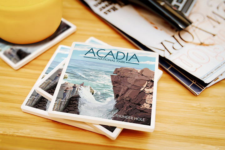 Acadia National Park, Maine, Thunder Hole Day, Lantern Press Artwork, Coaster Set Coasters Lantern Press 