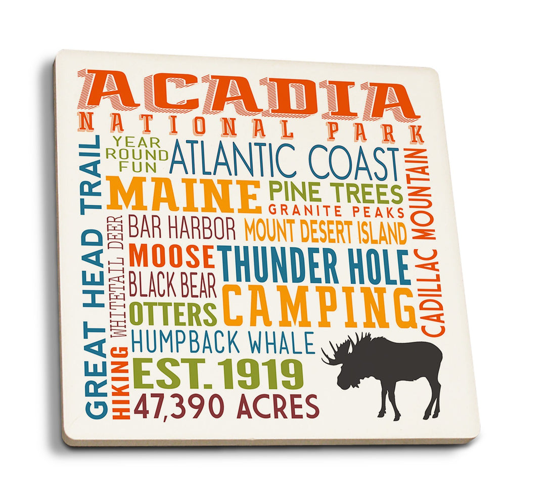 Acadia National Park, Maine, Typography, Lantern Press Artwork, Coaster Set Coasters Lantern Press 