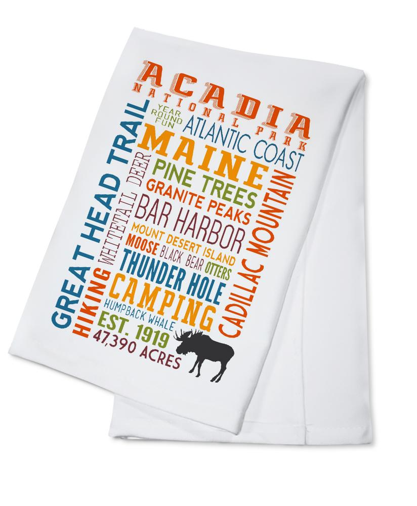 Acadia National Park, Maine, Typography, Lantern Press Artwork, Towels and Aprons Kitchen Lantern Press Cotton Towel 
