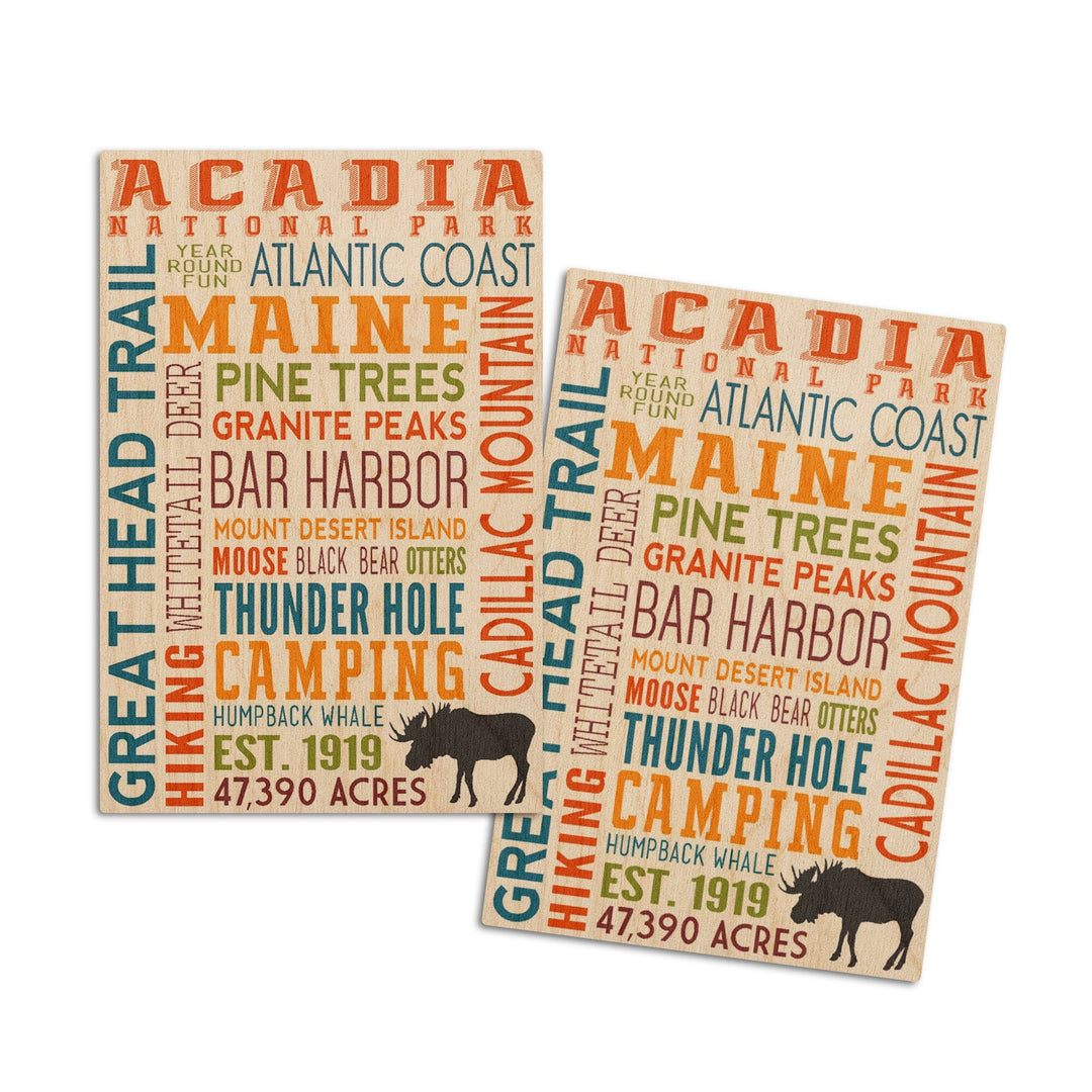 Acadia National Park, Maine, Typography, Lantern Press Artwork, Wood Signs and Postcards Wood Lantern Press 4x6 Wood Postcard Set 